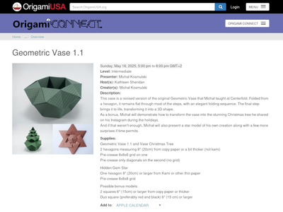 Workshop announcement on Origami Connect website